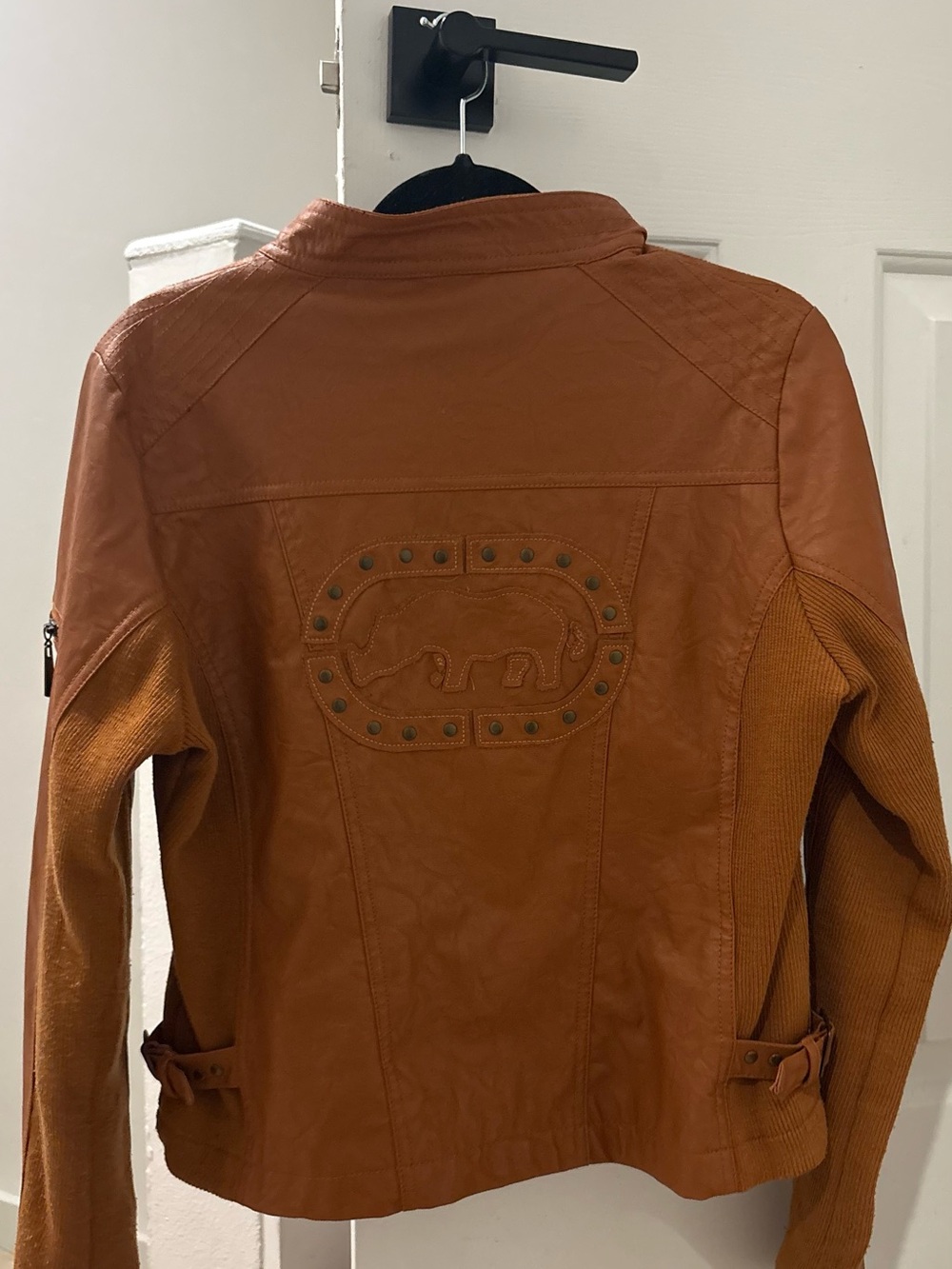 Ecko Unlimited Women's Brown Faux Leather Jacket with Knit Panels